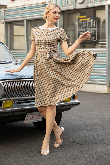 Khaki Green Grid Mangas Curtas Vintage 1950s Vestido